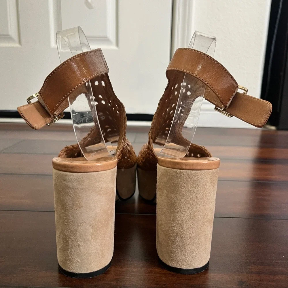 Pons Quintana Women Tan Woven Leather Chunky Platform Block Heel Sandals Size 40